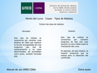 Manual de uso UNED COMA Elena Ayala
Partes del curso – Clases – Tipos de Módulos
Existen dos tipos de módulos
Normales Examen
Este tipo de módulo se
caracteriza por contener unas
píldoras de vídeo que explican
la lección acompañadas de unas
preguntas tipo test de
autoevaluación y, en casos
determinados, de actividades
entre pares, también llamadas
p2p
Este tipo de módulo se
caracteriza por contener
preguntas de tipo test cuya
solución no será visible hasta la
finalización del curso.
Se asemeja, de esta manera, al
examen presencial que se
realiza para la obtención del
certificado
 