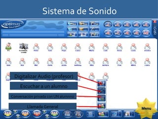 Sistema de Sonido Digitalizar Audio (profesor) Escuchar a un alumno Conversación privada con UN alumnno Llamada General Menu 