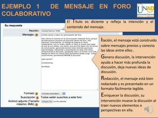 EJEMPLO 1 DE MENSAJE EN FORO
COLABORATIVO
El Título es diciente y refleja la intención y el
contenido del mensaje.
Ilación, el mensaje está construido
sobre mensajes previos y conecta
las ideas entre ellos .
Genera discusión, la intervención
ayuda a hacer más profunda la
discusión, deja nuevas ideas de
discusión.
Redacción, el mensaje está bien
redactado y es presentado en un
formato fácilmente legible.
Enriquecer la discusión, su
intervención mueve la discusión al
traer nuevos elementos o
perspectivas en ella.
 