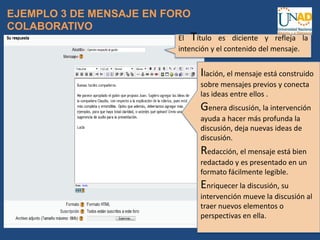 EJEMPLO 3 DE MENSAJE EN FORO
COLABORATIVO
El Título es diciente y refleja la
intención y el contenido del mensaje.
Ilación, el mensaje está construido
sobre mensajes previos y conecta
las ideas entre ellos .
Genera discusión, la intervención
ayuda a hacer más profunda la
discusión, deja nuevas ideas de
discusión.
Redacción, el mensaje está bien
redactado y es presentado en un
formato fácilmente legible.
Enriquecer la discusión, su
intervención mueve la discusión al
traer nuevos elementos o
perspectivas en ella.
 
