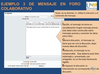 EJEMPLO 3 DE MENSAJE EN FORO
COLABORATIVO
Título, no es diciente, ni refleja la intención y el
contenido del mensaje.
Ilación, el mensaje no toma en
consideración ningún mensaje previo,
este debe estar construido sobre
mensajes previos y conectar las ideas
entre ellos .
Genera discusión, el mensaje no
tiene que ver con la discusión, dejar
nuevas ideas de discusión.
Redacción, el mensaje no es
comprensible. Éste debería estar bien
redactado y presentado, con
ortografía en un formato fácilmente
legible.
Enriquecer la discusión, la
intervención no corresponde al hilo de
discusión.
 
