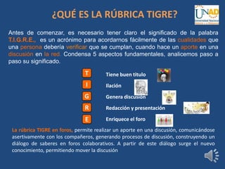 ¿QUÉ ES LA RÚBRICA TIGRE?
Antes de comenzar, es necesario tener claro el significado de la palabra
T.I.G.R.E., es un acrónimo para acordarnos fácilmente de las cualidades que
una persona debería verificar que se cumplan, cuando hace un aporte en una
discusión en la red. Condensa 5 aspectos fundamentales, analicemos paso a
paso su significado.
Tiene buen titulo
Ilación
Genera discusión
Redacción y presentación
Enriquece el foro
T
I
G
R
E
La rúbrica TIGRE en foros, permite realizar un aporte en una discusión, comunicándose
asertivamente con los compañeros, generando procesos de discusión, construyendo un
diálogo de saberes en foros colaborativos. A partir de este diálogo surge el nuevo
conocimiento, permitiendo mover la discusión
 