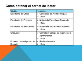 Usuario Requisitos
Estudiante de Grado  Certificado de Alumno Regular
 1 foto
Estudiante de Posgrado  Nota de la Escuela de Posgrado
 1 foto
Estudiante de Intercambio  Nota de la Secretaría Académica
 1 foto
Graduado  Carnet del Colegio de Ingenieros o
Agrimensores
 1 foto
Docente / Investigador / No
Docente
 Recibo de sueldo
 1 foto
Cómo obtener el carnet de lector :
 