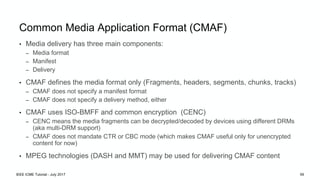 IEEE ICME Tutorial - July 2017 59
Common Media Application Format (CMAF)
• Media delivery has three main components:
– Med...