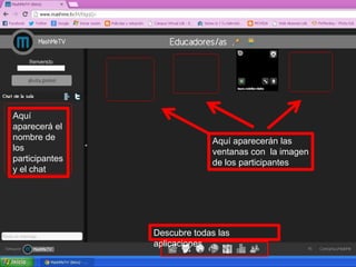 Aquí
aparecerá el
nombre de Aquí aparecerán las
los ventanas con la imagen
participantes de los participantes
y el chat
Descubre todas las
aplicaciones