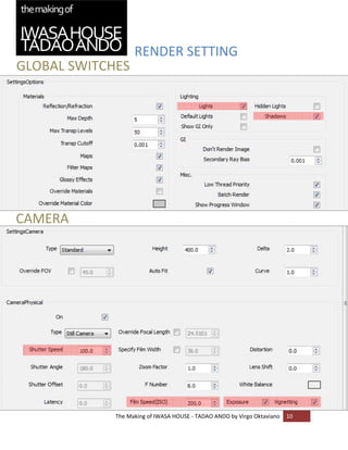 RENDER SETTING
GLOBAL SWITCHES 

    
    

    

    

    

    

    

    

CAMERA 
    

    

    

    

    

    

    

    

    

    

    

    

    

    
             The Making of IWASA HOUSE ‐ TADAO ANDO by Virgo Oktaviano  10 
    
 