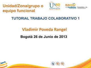 Unidad/Zona/grupo o
equipo funcional
TUTORIAL TRABAJO COLABORATIVO 1
Vladimir Poveda Rangel
Bogotá 26 de Junio de 2013
 