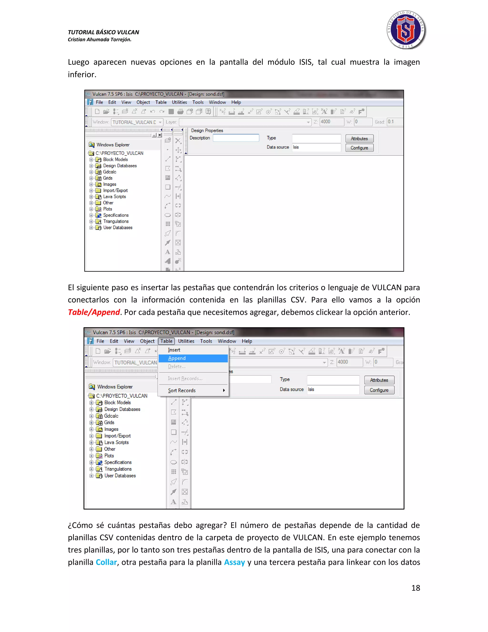 TUTORIAL BÁSICO VULCAN 
Cristian Ahumada Torrejón. 
18 
Luego aparecen nuevas opciones en la pantalla del módulo ISIS, tal cual muestra la imagen 
inferior. 
El siguiente paso es insertar las pestañas que contendrán los criterios o lenguaje de VULCAN para 
conectarlos con la información contenida en las planillas CSV. Para ello vamos a la opción 
Table/Append. Por cada pestaña que necesitemos agregar, debemos clickear la opción anterior. 
¿Cómo sé cuántas pestañas debo agregar? El número de pestañas depende de la cantidad de 
planillas CSV contenidas dentro de la carpeta de proyecto de VULCAN. En este ejemplo tenemos 
tres planillas, por lo tanto son tres pestañas dentro de la pantalla de ISIS, una para conectar con la 
planilla Collar, otra pestaña para la planilla Assay y una tercera pestaña para linkear con los datos 
 