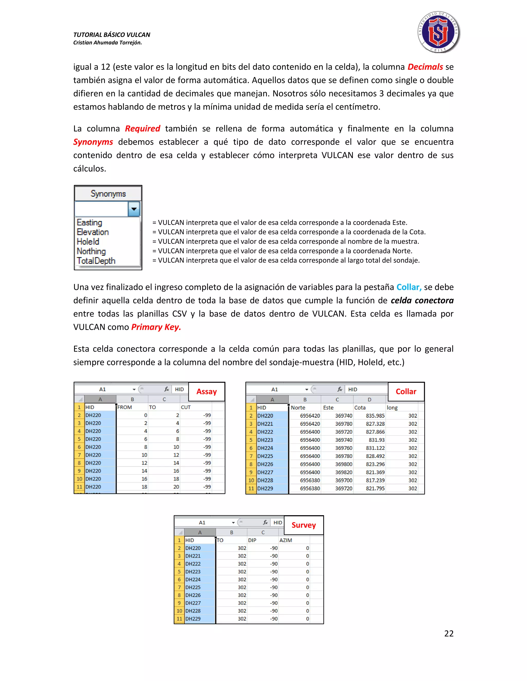 TUTORIAL BÁSICO VULCAN 
Cristian Ahumada Torrejón. 
22 
igual a 12 (este valor es la longitud en bits del dato contenido en la celda), la columna Decimals se 
también asigna el valor de forma automática. Aquellos datos que se definen como single o double 
difieren en la cantidad de decimales que manejan. Nosotros sólo necesitamos 3 decimales ya que 
estamos hablando de metros y la mínima unidad de medida sería el centímetro. 
La columna Required también se rellena de forma automática y finalmente en la columna 
Synonyms debemos establecer a qué tipo de dato corresponde el valor que se encuentra 
contenido dentro de esa celda y establecer cómo interpreta VULCAN ese valor dentro de sus 
cálculos. 
Una vez finalizado el ingreso completo de la asignación de variables para la pestaña Collar, se debe 
definir aquella celda dentro de toda la base de datos que cumple la función de celda conectora 
entre todas las planillas CSV y la base de datos dentro de VULCAN. Esta celda es llamada por 
VULCAN como Primary Key. 
Esta celda conectora corresponde a la celda común para todas las planillas, que por lo general 
siempre corresponde a la columna del nombre del sondaje-muestra (HID, HoleId, etc.) 
= VULCAN interpreta que el valor de esa celda corresponde a la coordenada Este. 
= VULCAN interpreta que el valor de esa celda corresponde a la coordenada de la Cota. 
= VULCAN interpreta que el valor de esa celda corresponde al nombre de la muestra. 
= VULCAN interpreta que el valor de esa celda corresponde a la coordenada Norte. 
= VULCAN interpreta que el valor de esa celda corresponde al largo total del sondaje. 
Assay Collar 
Survey 
 