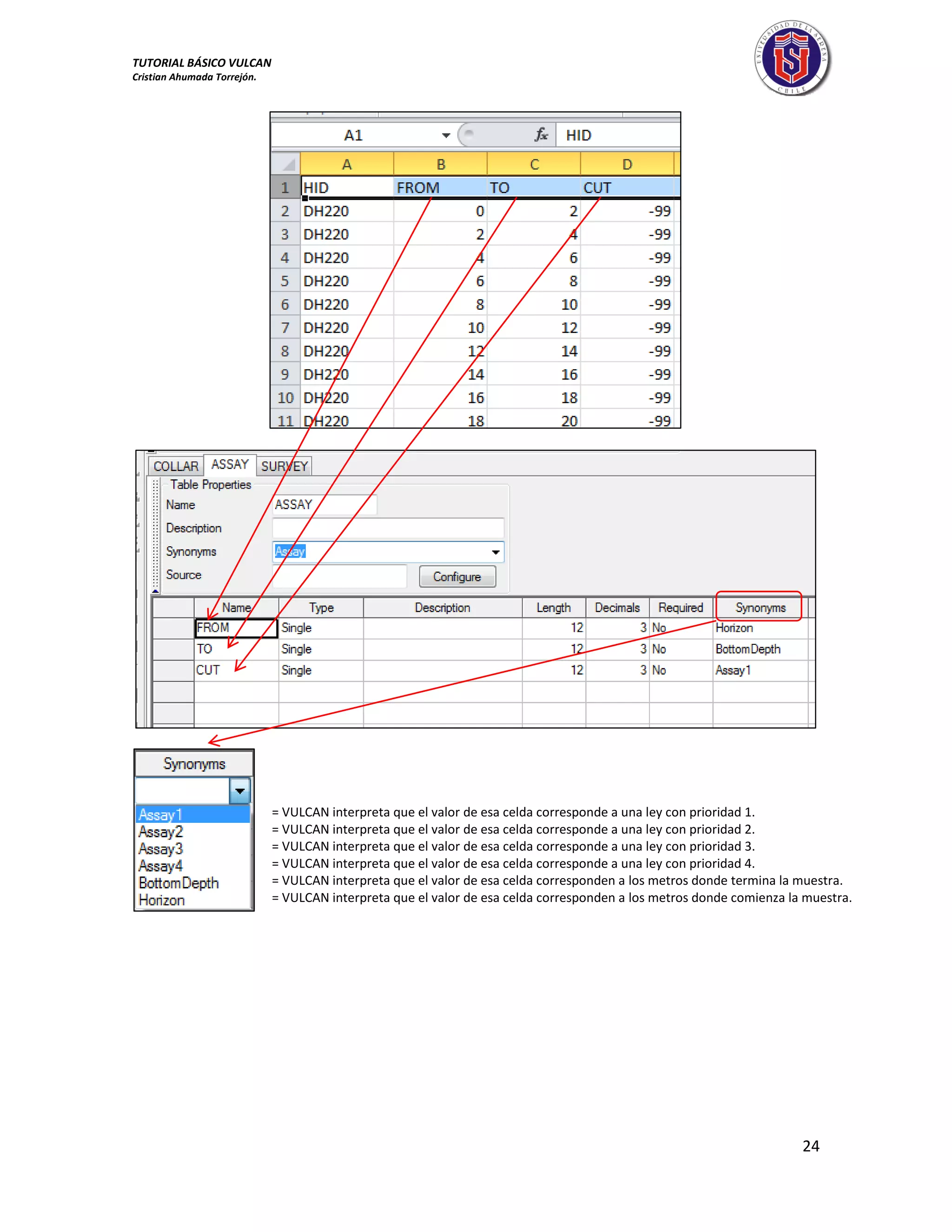 TUTORIAL BÁSICO VULCAN 
Cristian Ahumada Torrejón. 
24 
= VULCAN interpreta que el valor de esa celda corresponde a una ley con prioridad 1. 
= VULCAN interpreta que el valor de esa celda corresponde a una ley con prioridad 2. 
= VULCAN interpreta que el valor de esa celda corresponde a una ley con prioridad 3. 
= VULCAN interpreta que el valor de esa celda corresponde a una ley con prioridad 4. 
= VULCAN interpreta que el valor de esa celda corresponden a los metros donde termina la muestra. 
= VULCAN interpreta que el valor de esa celda corresponden a los metros donde comienza la muestra. 
 