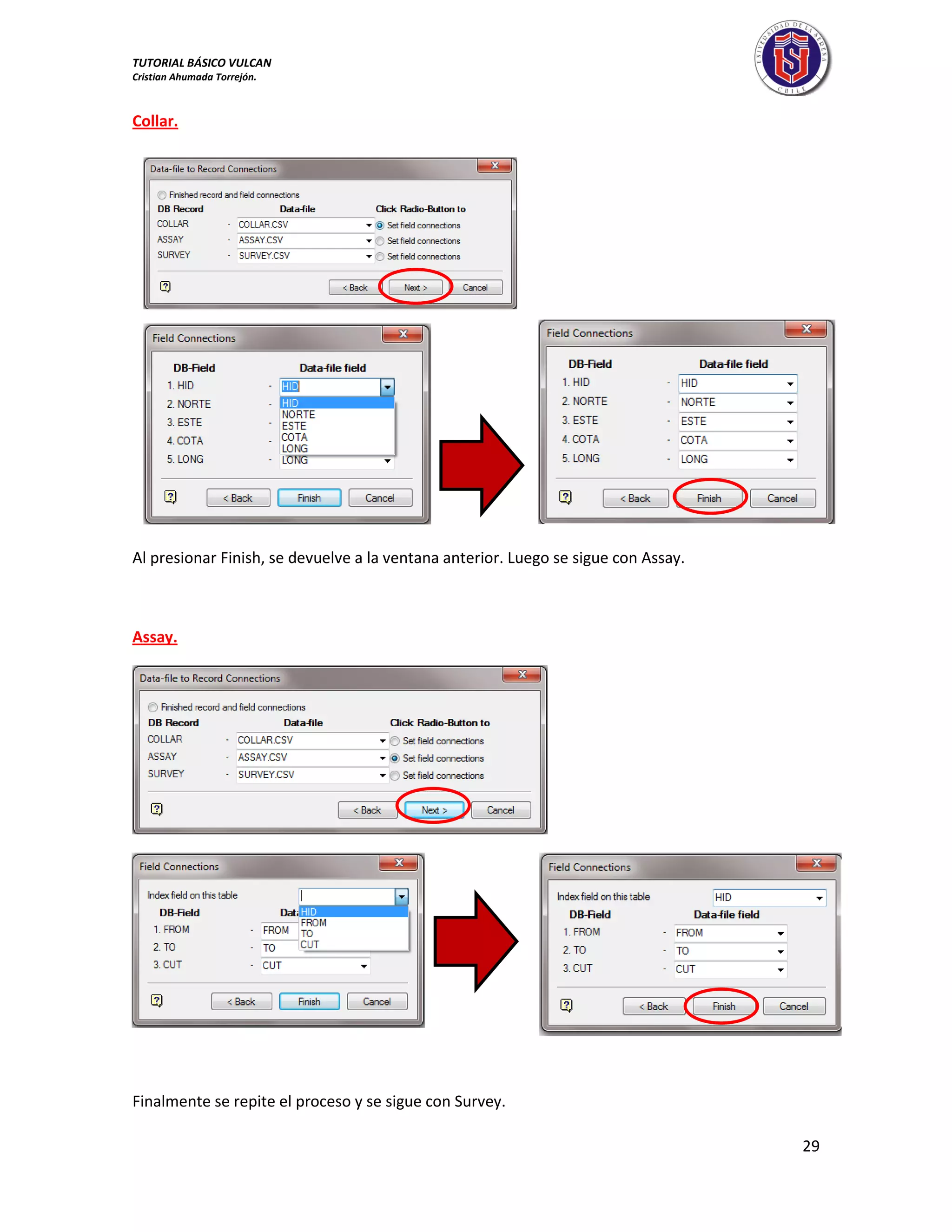 TUTORIAL BÁSICO VULCAN 
Cristian Ahumada Torrejón. 
29 
Collar. 
Al presionar Finish, se devuelve a la ventana anterior. Luego se sigue con Assay. 
Assay. 
Finalmente se repite el proceso y se sigue con Survey. 
 
