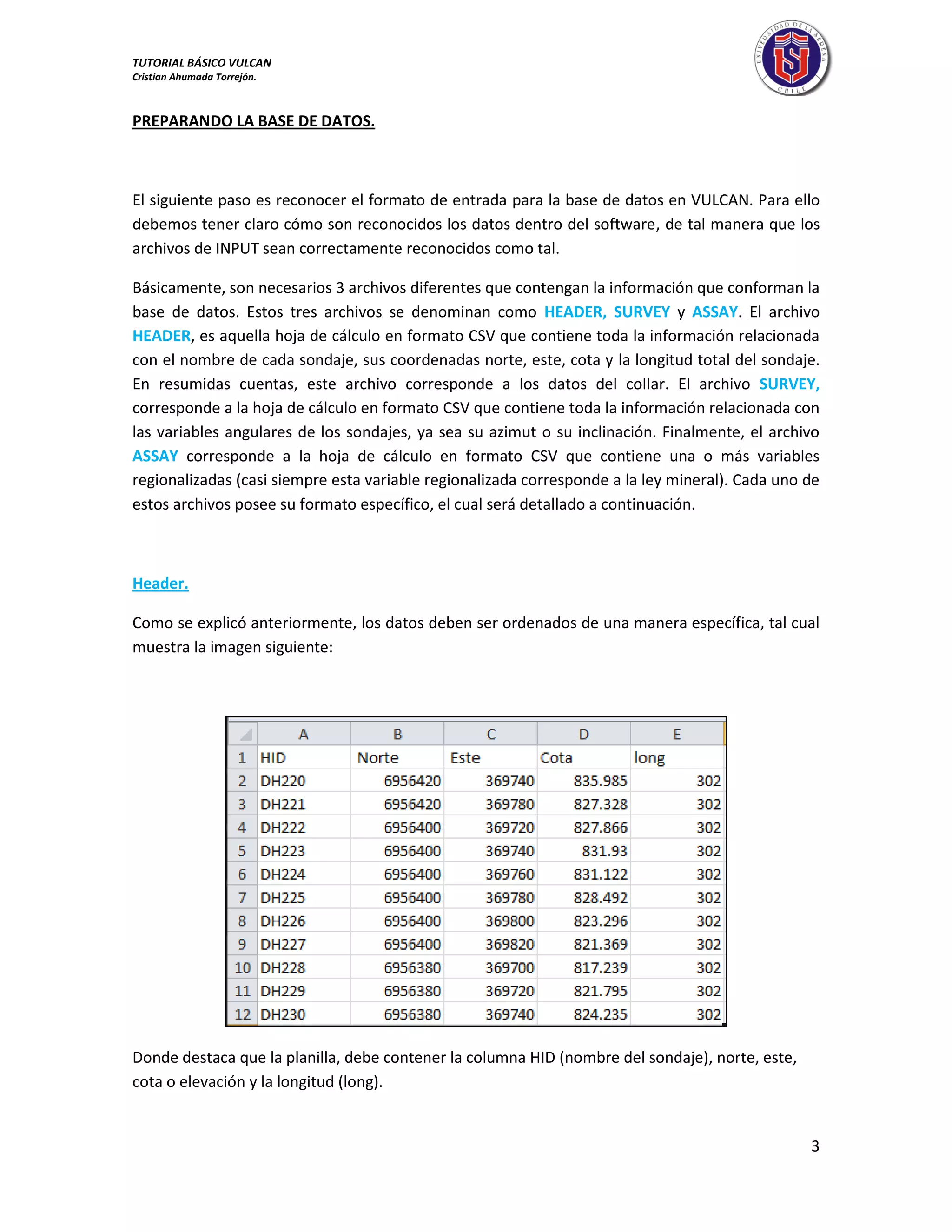 TUTORIAL BÁSICO VULCAN 
Cristian Ahumada Torrejón. 
3 
PREPARANDO LA BASE DE DATOS. 
El siguiente paso es reconocer el formato de entrada para la base de datos en VULCAN. Para ello 
debemos tener claro cómo son reconocidos los datos dentro del software, de tal manera que los 
archivos de INPUT sean correctamente reconocidos como tal. 
Básicamente, son necesarios 3 archivos diferentes que contengan la información que conforman la 
base de datos. Estos tres archivos se denominan como HEADER, SURVEY y ASSAY. El archivo 
HEADER, es aquella hoja de cálculo en formato CSV que contiene toda la información relacionada 
con el nombre de cada sondaje, sus coordenadas norte, este, cota y la longitud total del sondaje. 
En resumidas cuentas, este archivo corresponde a los datos del collar. El archivo SURVEY, 
corresponde a la hoja de cálculo en formato CSV que contiene toda la información relacionada con 
las variables angulares de los sondajes, ya sea su azimut o su inclinación. Finalmente, el archivo 
ASSAY corresponde a la hoja de cálculo en formato CSV que contiene una o más variables 
regionalizadas (casi siempre esta variable regionalizada corresponde a la ley mineral). Cada uno de 
estos archivos posee su formato específico, el cual será detallado a continuación. 
Header. 
Como se explicó anteriormente, los datos deben ser ordenados de una manera específica, tal cual 
muestra la imagen siguiente: 
Donde destaca que la planilla, debe contener la columna HID (nombre del sondaje), norte, este, 
cota o elevación y la longitud (long). 
 