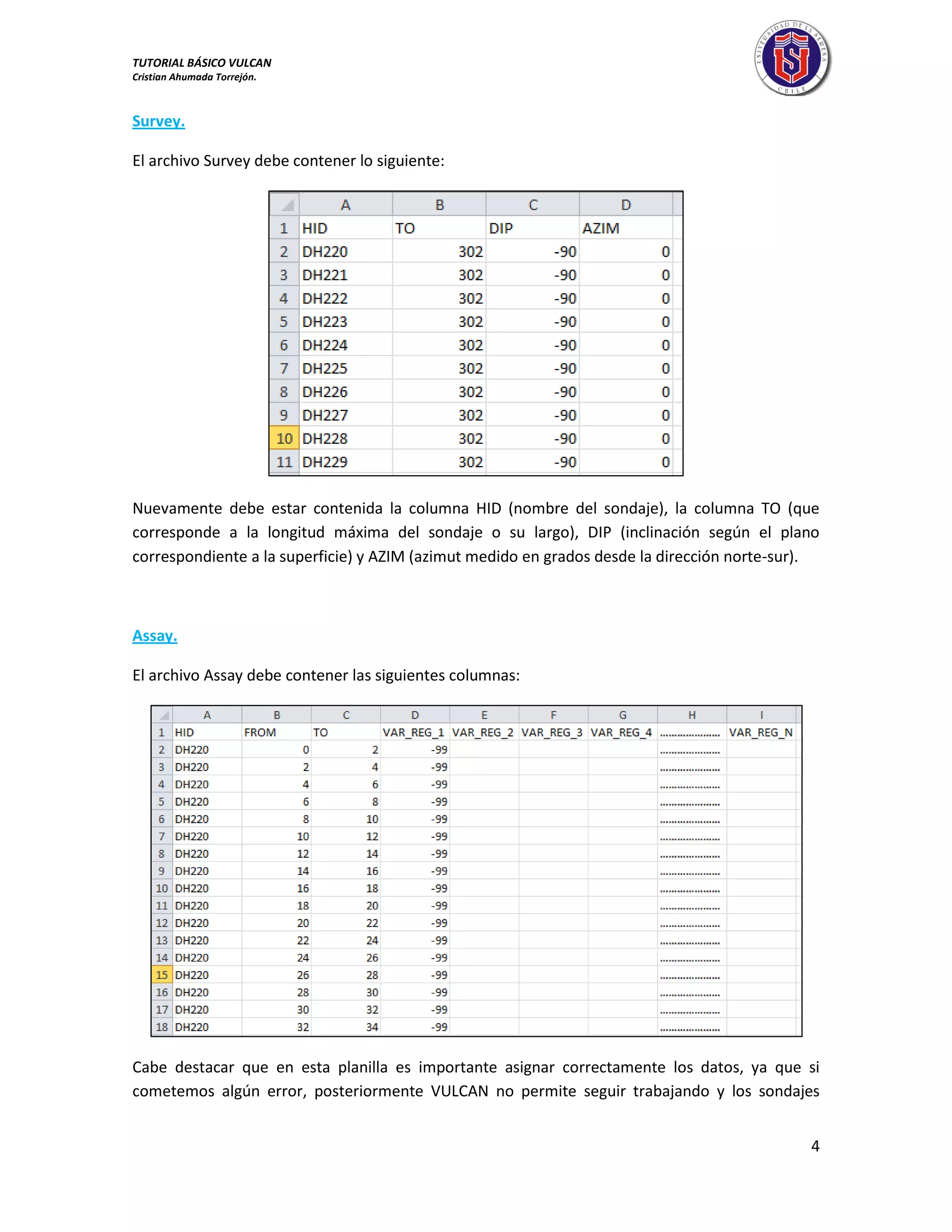 TUTORIAL BÁSICO VULCAN 
Cristian Ahumada Torrejón. 
4 
Survey. 
El archivo Survey debe contener lo siguiente: 
Nuevamente debe estar contenida la columna HID (nombre del sondaje), la columna TO (que 
corresponde a la longitud máxima del sondaje o su largo), DIP (inclinación según el plano 
correspondiente a la superficie) y AZIM (azimut medido en grados desde la dirección norte-sur). 
Assay. 
El archivo Assay debe contener las siguientes columnas: 
Cabe destacar que en esta planilla es importante asignar correctamente los datos, ya que si 
cometemos algún error, posteriormente VULCAN no permite seguir trabajando y los sondajes 
 