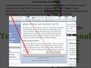 Acrescentando um conteúdo
Você pode acrescentar um conteúdo a uma página criada, ou seja Texto e Imagem,
Enquete, galeria de Fotos, Formulários, Catálogos, Artigos e Wiggets. Basta
selecionar o conteúdo, arrastar e soltar no local desejado. Esse local é indicado pela
faixa laranja que aparecerá ao se próxima o conteúdo a ser inserido.
32
 