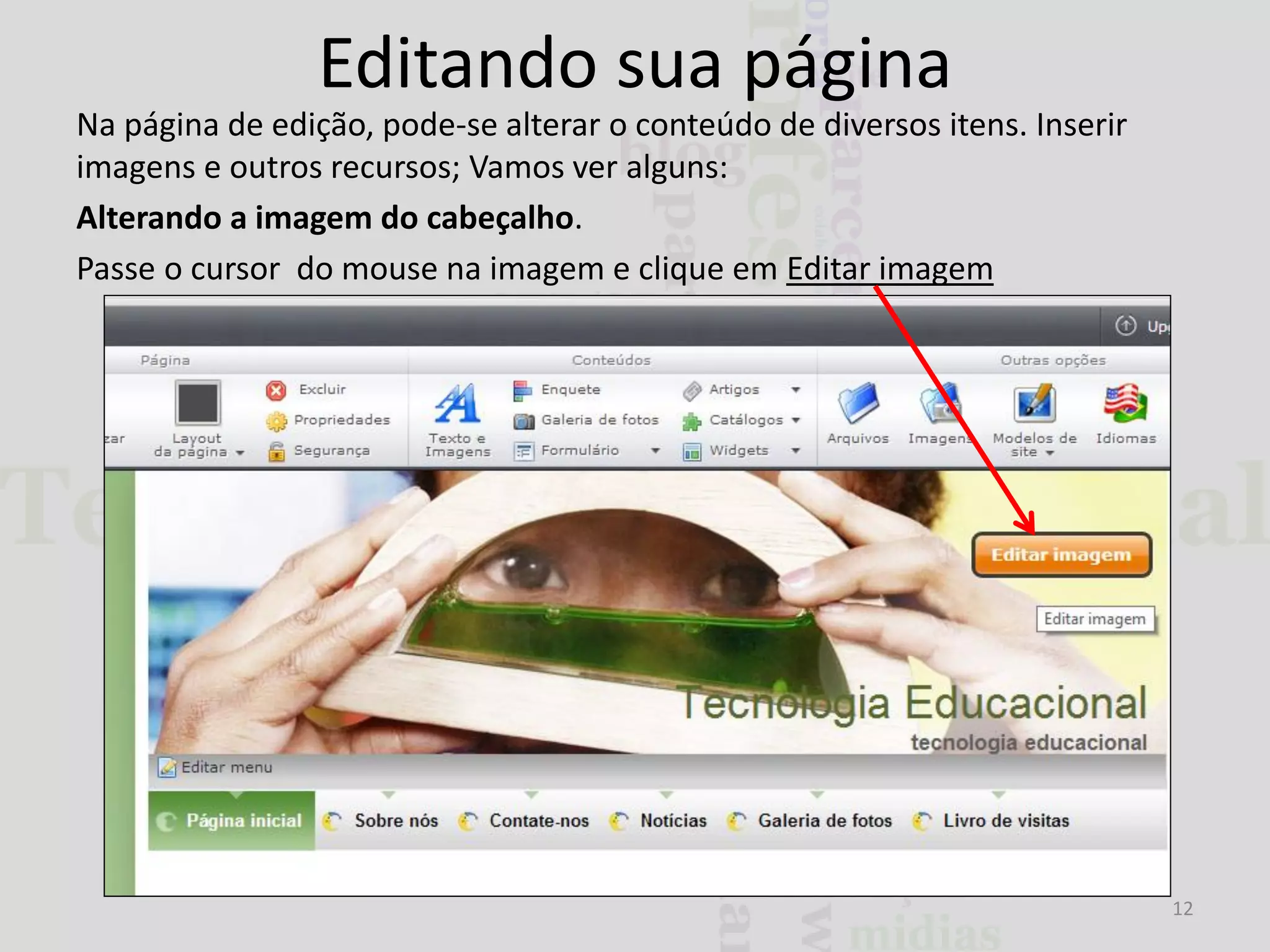 Editando sua página
Na página de edição, pode-se alterar o conteúdo de diversos itens. Inserir
imagens e outros recursos; Vamos ver alguns:
Alterando a imagem do cabeçalho.
Passe o cursor do mouse na imagem e clique em Editar imagem

12

 