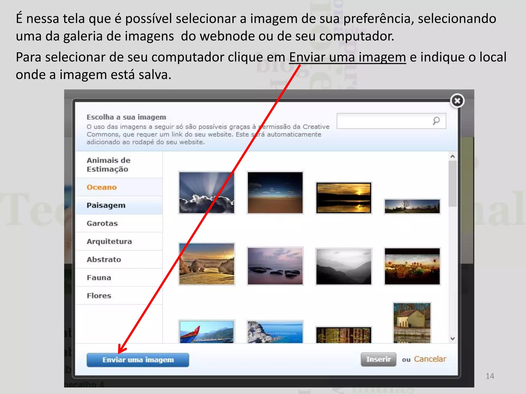 É nessa tela que é possível selecionar a imagem de sua preferência, selecionando
uma da galeria de imagens do webnode ou de seu computador.
Para selecionar de seu computador clique em Enviar uma imagem e indique o local
onde a imagem está salva.

14

 