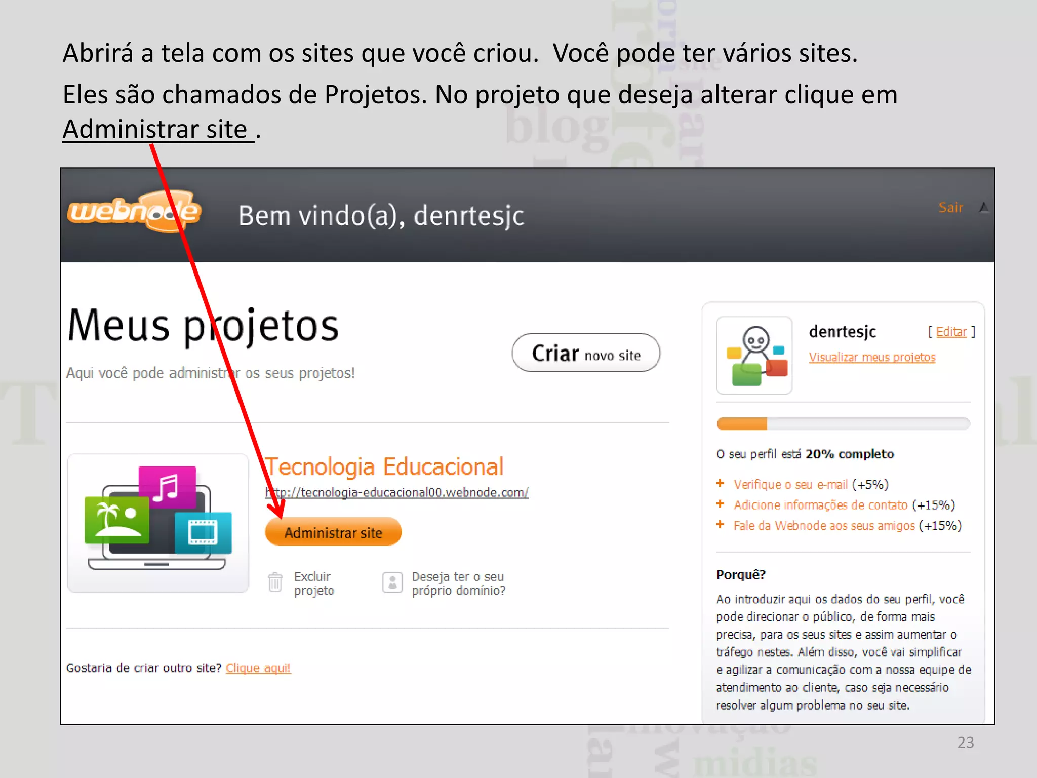 Abrirá a tela com os sites que você criou. Você pode ter vários sites.
Eles são chamados de Projetos. No projeto que deseja alterar clique em
Administrar site .

23

 