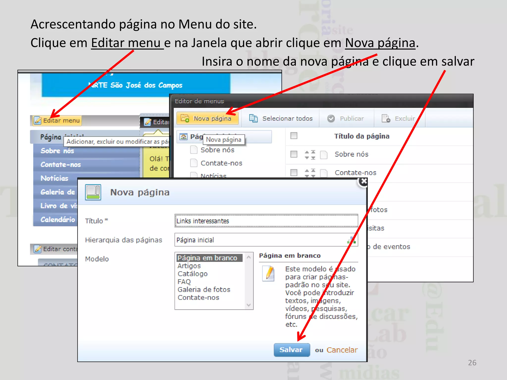 Acrescentando página no Menu do site.
Clique em Editar menu e na Janela que abrir clique em Nova página.
Insira o nome da nova página e clique em salvar

26

 