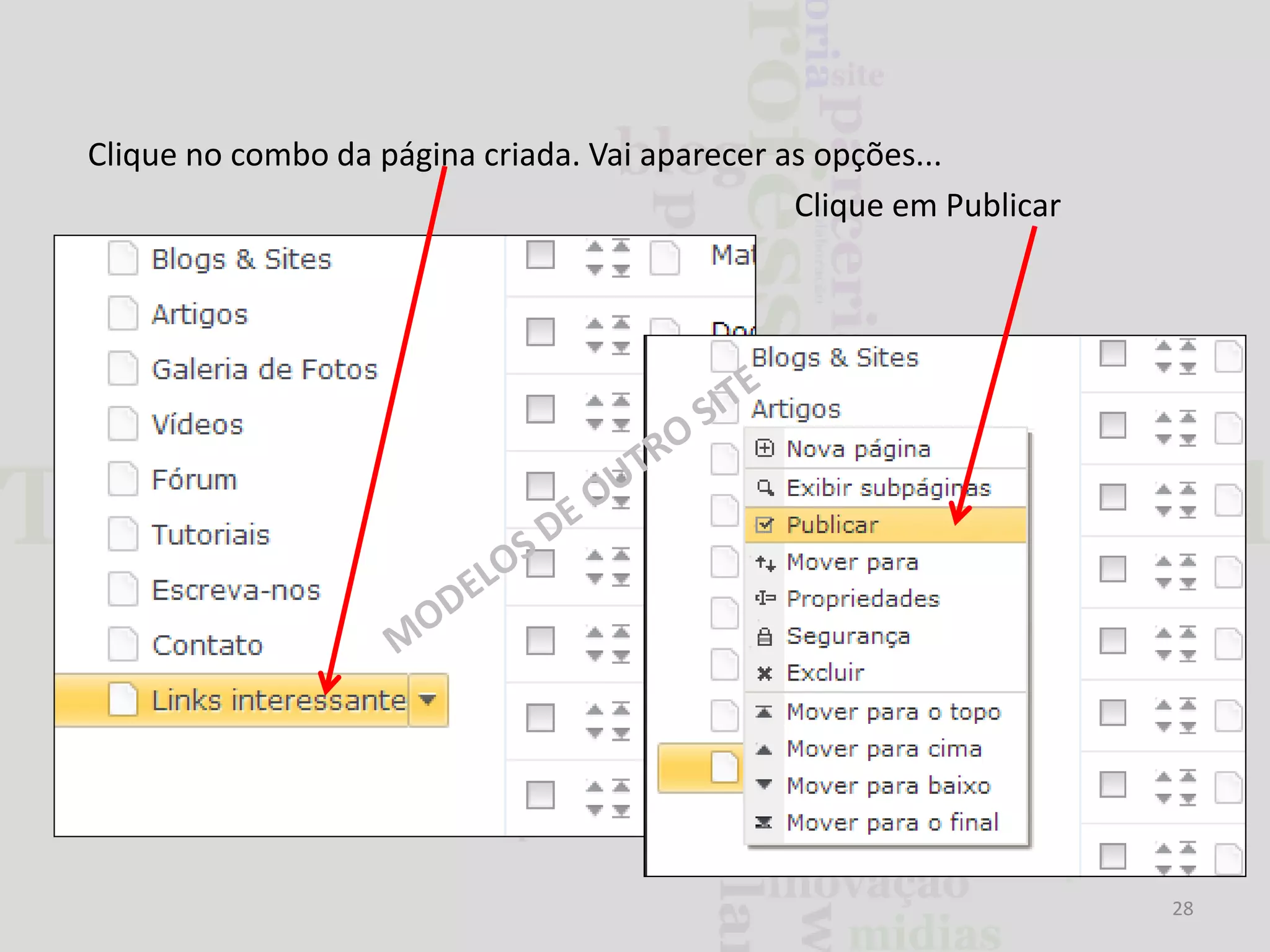 Clique no combo da página criada. Vai aparecer as opções...
Clique em Publicar

28

 