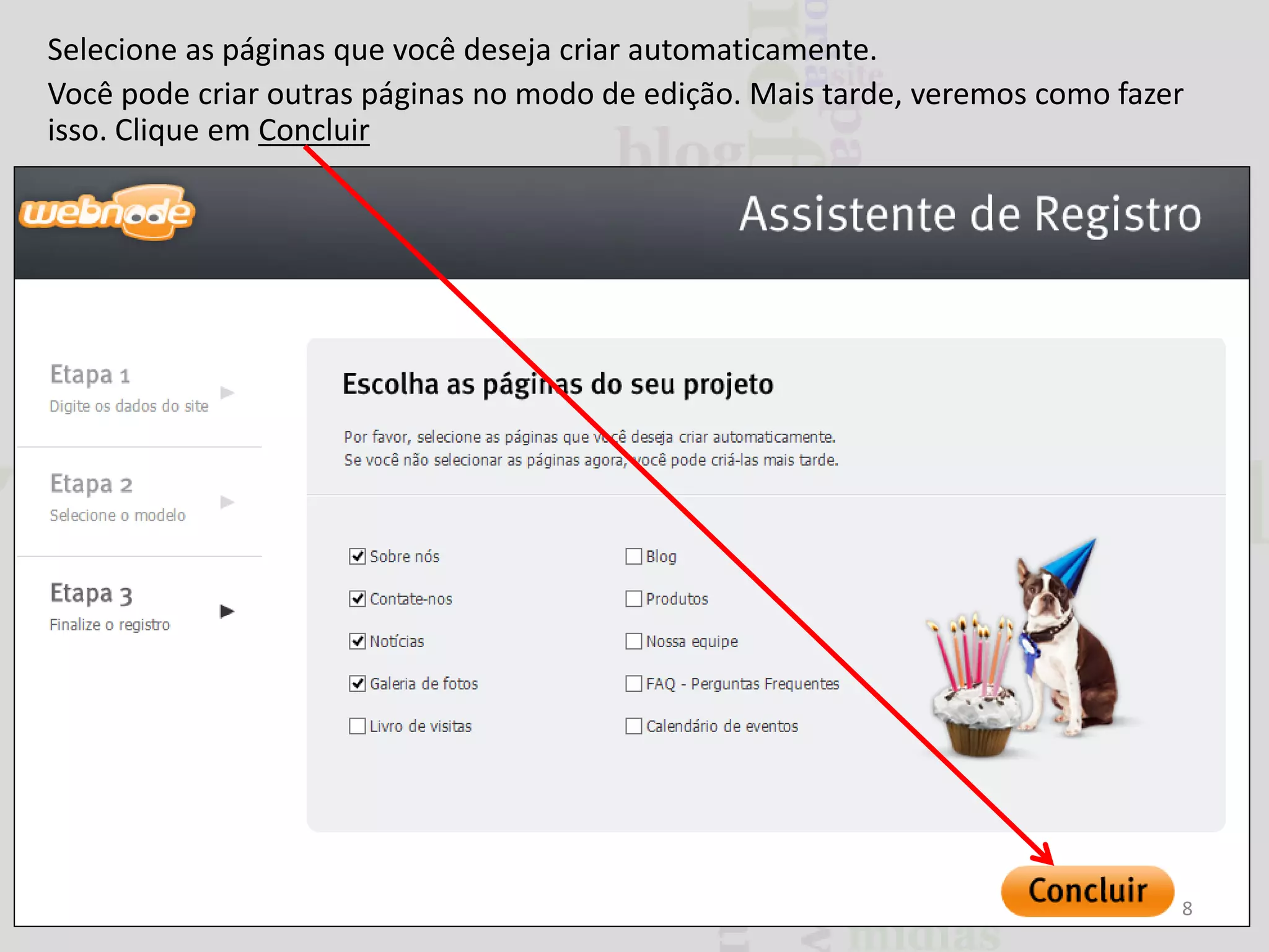 Selecione as páginas que você deseja criar automaticamente.
Você pode criar outras páginas no modo de edição. Mais tarde, veremos como fazer
isso. Clique em Concluir

8

 