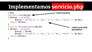 Implementamos servicio.php
create function
create array with
parameters
 