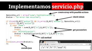 Implementamos servicio.php
create array with possible actions
check values
get parameters
call method
encode json
 