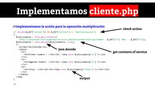 Implementamos cliente.php
//Implementamos la acción para la operación multiplicación
check action
get contents of service
json decode
output
 