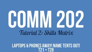 COMM 202Tutorial 2: Skills Matrix
LAPTOPS & PHONES AWAY! NAME TENTS OUT!
T21 + T28
 