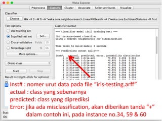 Inst# : nomer urut data pada file “iris-testing.arff”
actual : class yang sebenarnya
predicted: class yang diprediksi
Error: jika ada misclassification, akan diberikan tanda “+”
dalam contoh ini, pada instance no.34, 59 & 60
 