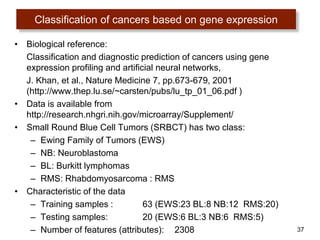 37
Classification of cancers based on gene expression
• Biological reference:
Classification and diagnostic prediction of cancers using gene
expression profiling and artificial neural networks,
J. Khan, et al., Nature Medicine 7, pp.673-679, 2001
(http://www.thep.lu.se/~carsten/pubs/lu_tp_01_06.pdf )
• Data is available from
http://research.nhgri.nih.gov/microarray/Supplement/
• Small Round Blue Cell Tumors (SRBCT) has two class:
– Ewing Family of Tumors (EWS)
– NB: Neuroblastoma
– BL: Burkitt lymphomas
– RMS: Rhabdomyosarcoma : RMS
• Characteristic of the data
– Training samples : 63 (EWS:23 BL:8 NB:12 RMS:20)
– Testing samples: 20 (EWS:6 BL:3 NB:6 RMS:5)
– Number of features (attributes): 2308
 
