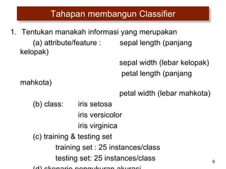 9
Tahapan membangun Classifier
1. Tentukan manakah informasi yang merupakan
(a) attribute/feature : sepal length (panjang
kelopak)
sepal width (lebar kelopak)
petal length (panjang
mahkota)
petal width (lebar mahkota)
(b) class: iris setosa
iris versicolor
iris virginica
(c) training & testing set
training set : 25 instances/class
testing set: 25 instances/class
 