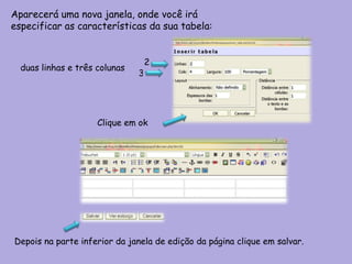 Aparecerá uma nova janela, onde você irá especificar as características da sua tabela: duas linhas e três colunas 2 3 Clique em ok Depois na parte inferior da janela de edição da página clique em salvar. 