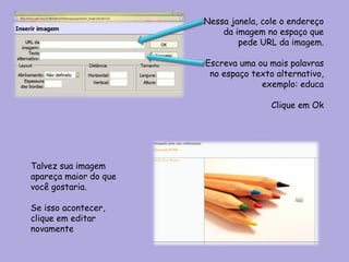 Nessa janela, cole o endereço da imagem no espaço que pede URL da imagem. Escreva uma ou mais palavras no espaço texto alternativo, exemplo: educa Clique em Ok Talvez sua imagem apareça maior do que você gostaria. Se isso acontecer, clique em editar novamente 