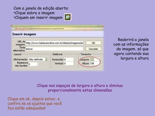 Com a janela de edição aberta: Clique sobre a imagem Cliquem em inserir imagem Reabrirá a janela com as informações da imagem, só que agora contendo sua largura e altura Clique nos espaços de largura e altura e diminua proporcionalmente estas dimensões Clique em ok, depois salvar, e confira se os ajustes que você fez estão adequados! 
