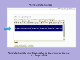 Abrirá a janela de edição  Na janela de edição identifique a célula do seu grupo e do seu polo, ex: Grupo1SJNA 