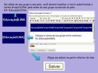 Na célula do seu grupo e seu polo, você deverá reeditar o texto substituindo o termo Grupo1SJNA, pelo nome do seu grupo acrescido do polo.  EX: EducaçãoSJNA. Coloque o nome do seu grupo entre colchetes. Ex: [EducaçãoSJNA]. Clique em salvar na parte inferior da tela 