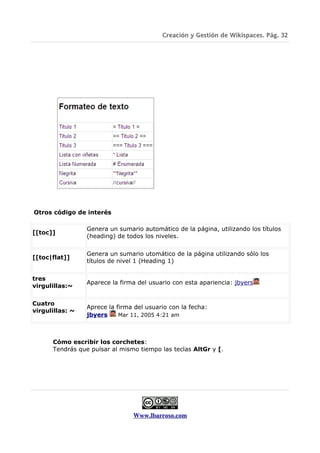 Creación y Gestión de Wikispaces. Pág. 32




Otros código de interés

                 Genera un sumario automático de la página, utilizando los títulos
[[toc]]
                 (heading) de todos los niveles.

                 Genera un sumario utomático de la página utilizando sólo los
[[toc|flat]]
                 títulos de nivel 1 (Heading 1)

tres
                 Aparece la firma del usuario con esta apariencia: jbyers
virgulillas:~

Cuatro
                 Aprece la firma del usuario con la fecha:
virgulillas: ~
                 jbyers     Mar 11, 2005 4:21 am




      Cómo escribir los corchetes:
      Tendrás que pulsar al mismo tiempo las teclas AltGr y [.




                                Www.lbarroso.com
 