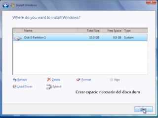 Crear espacio necesario del disco duro
 
