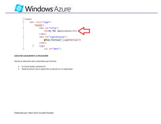 EJECUTAR LOCALMENTE LA APLICACIÓN

Ejecute la aplicación para comprobar que funciona.

    1.   En Visual Studio, presione F5.
    2.   Debería parecer que la aplicación se ejecuta en un explorador:




Elaborado por: Naim Jhon Cruzado Paredes
 