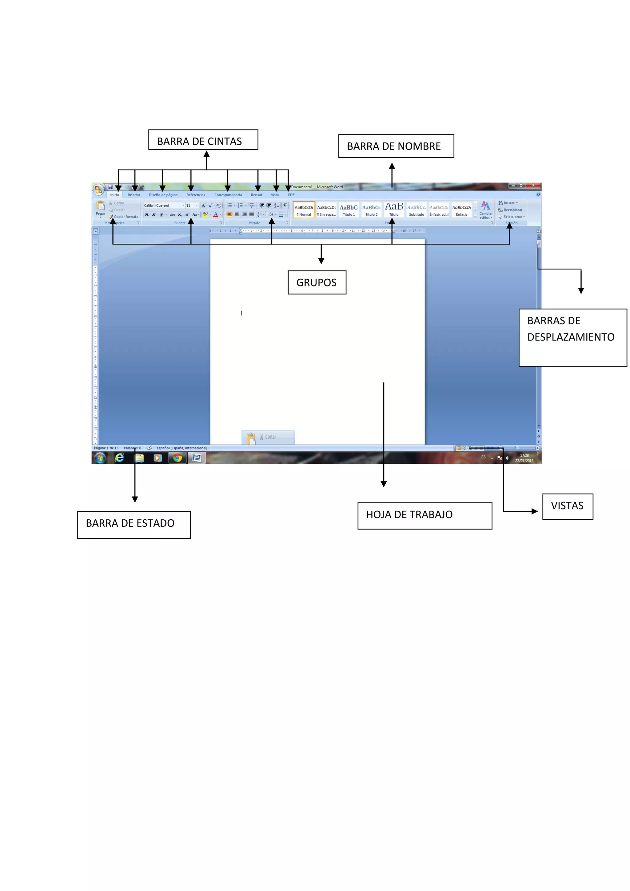 GRUPOS
BARRA DE CINTAS BARRA DE NOMBRE
HOJA DE TRABAJO
BARRAS DE
DESPLAZAMIENTO
VISTAS
BARRA DE ESTADO
 