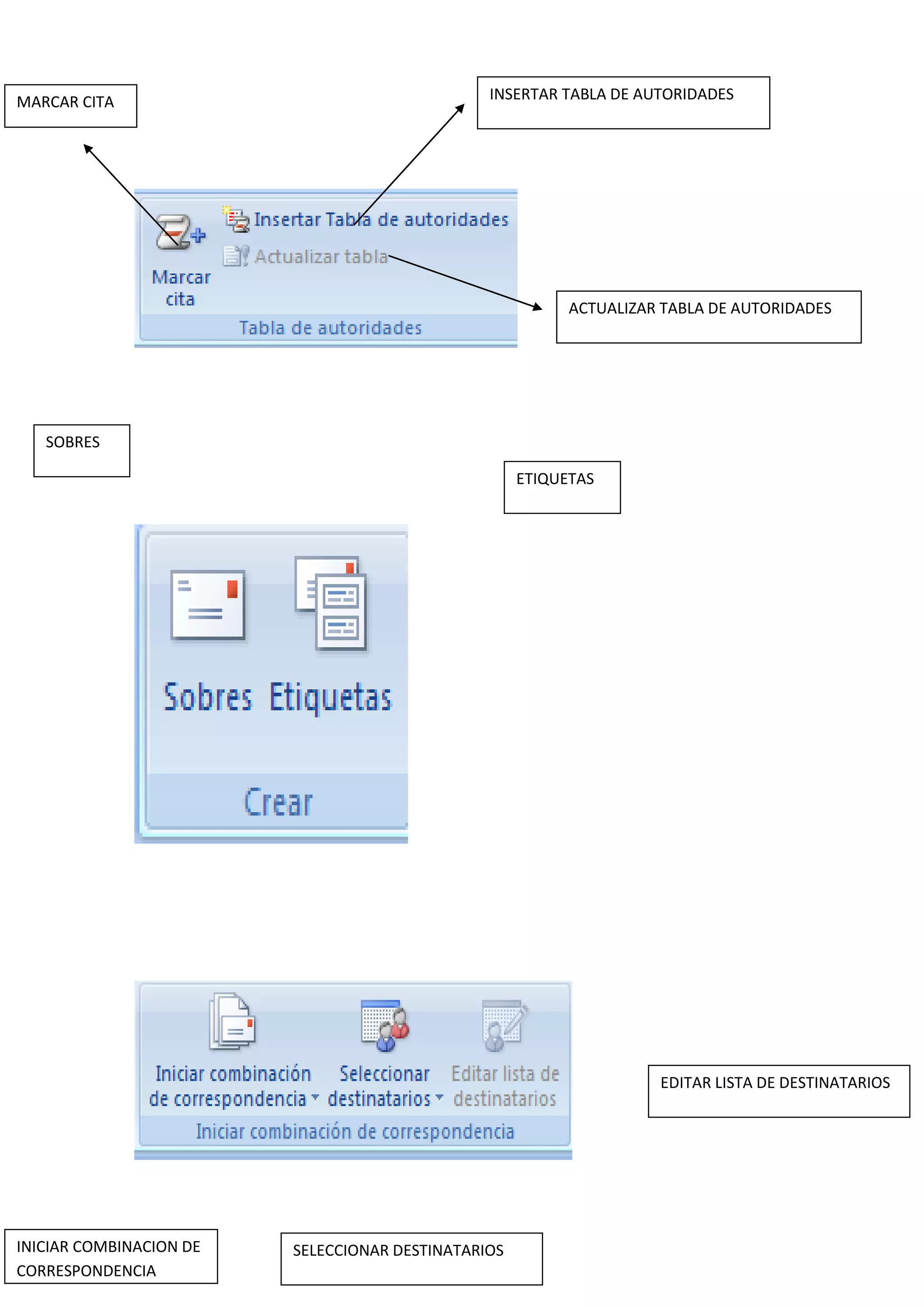 MARCAR CITA INSERTAR TABLA DE AUTORIDADES
ACTUALIZAR TABLA DE AUTORIDADES
SOBRES
ETIQUETAS
INICIAR COMBINACION DE
CORRESPONDENCIA
SELECCIONAR DESTINATARIOS
EDITAR LISTA DE DESTINATARIOS
 