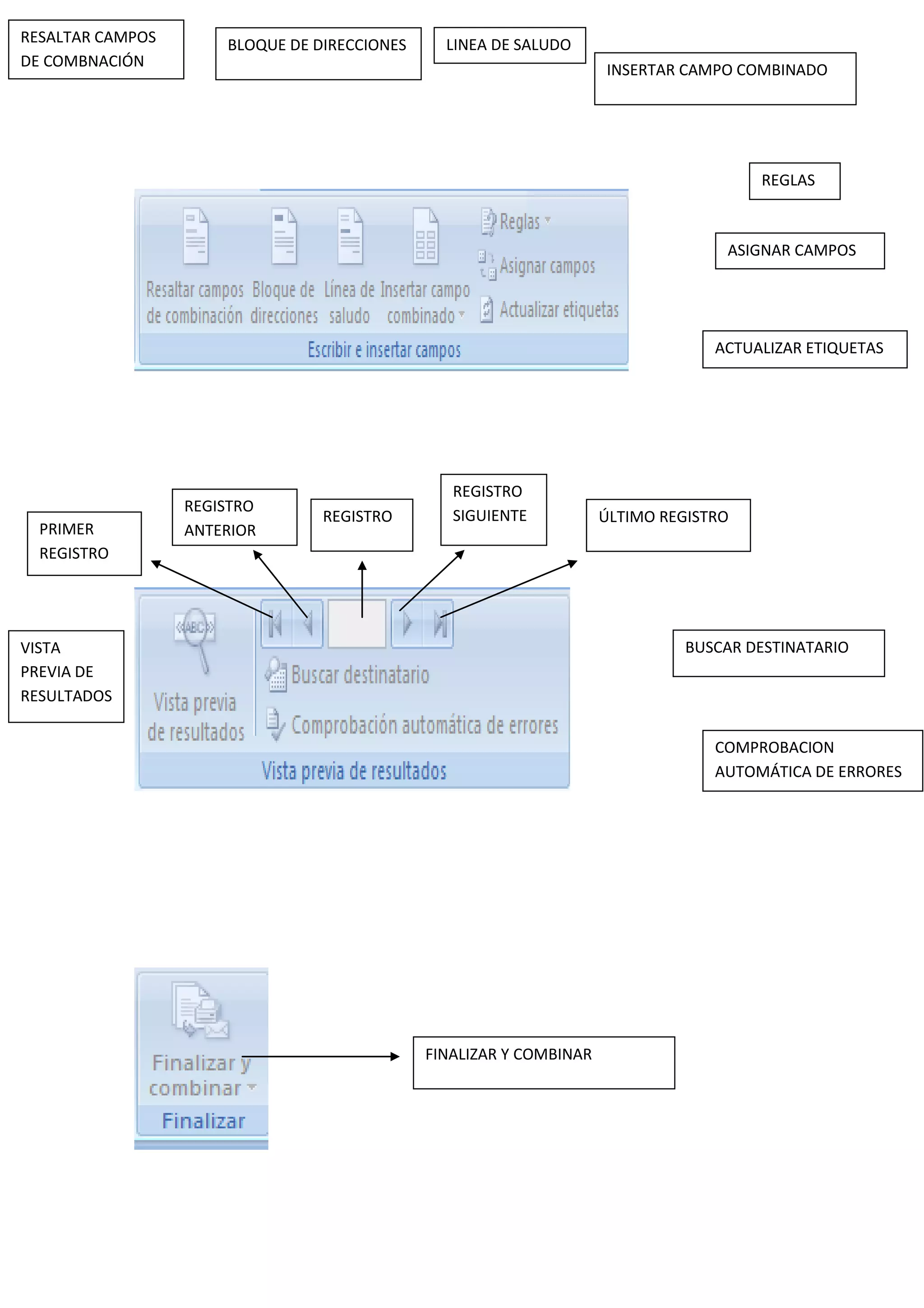 RESALTAR CAMPOS
DE COMBNACIÓN
BLOQUE DE DIRECCIONES LINEA DE SALUDO
INSERTAR CAMPO COMBINADO
REGLAS
ASIGNAR CAMPOS
ACTUALIZAR ETIQUETAS
VISTA
PREVIA DE
RESULTADOS
PRIMER
REGISTRO
REGISTRO
ANTERIOR
REGISTRO
REGISTRO
SIGUIENTE ÚLTIMO REGISTRO
BUSCAR DESTINATARIO
COMPROBACION
AUTOMÁTICA DE ERRORES
FINALIZAR Y COMBINAR
 
