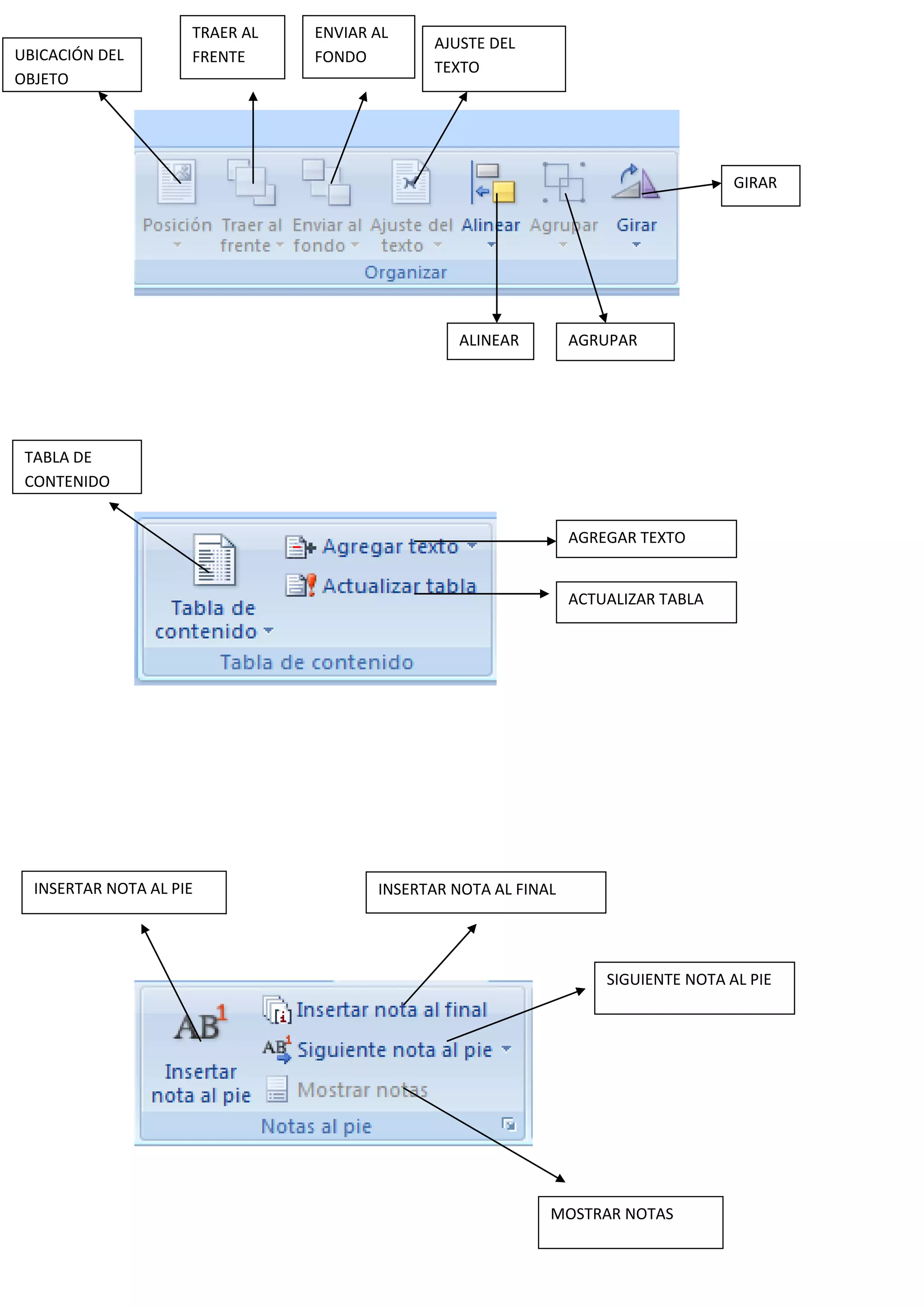 UBICACIÓN DEL
OBJETO
TRAER AL
FRENTE
ENVIAR AL
FONDO
AJUSTE DEL
TEXTO
ALINEAR AGRUPAR
GIRAR
TABLA DE
CONTENIDO
AGREGAR TEXTO
ACTUALIZAR TABLA
INSERTAR NOTA AL PIE INSERTAR NOTA AL FINAL
SIGUIENTE NOTA AL PIE
MOSTRAR NOTAS
 