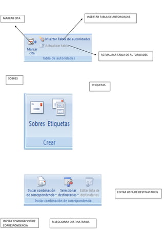 MARCAR CITA INSERTAR TABLA DE AUTORIDADES
ACTUALIZAR TABLA DE AUTORIDADES
SOBRES
ETIQUETAS
INICIAR COMBINACION DE
CORRESPONDENCIA
SELECCIONAR DESTINATARIOS
EDITAR LISTA DE DESTINATARIOS
 
