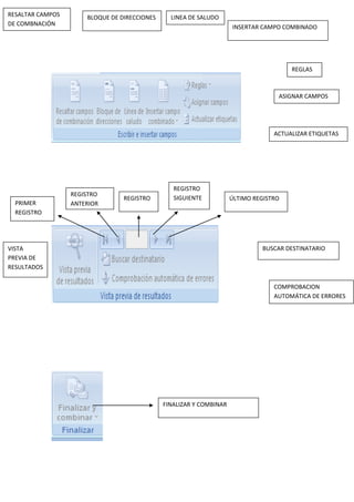 RESALTAR CAMPOS
DE COMBNACIÓN
BLOQUE DE DIRECCIONES LINEA DE SALUDO
INSERTAR CAMPO COMBINADO
REGLAS
ASIGNAR CAMPOS
ACTUALIZAR ETIQUETAS
VISTA
PREVIA DE
RESULTADOS
PRIMER
REGISTRO
REGISTRO
ANTERIOR
REGISTRO
REGISTRO
SIGUIENTE ÚLTIMO REGISTRO
BUSCAR DESTINATARIO
COMPROBACION
AUTOMÁTICA DE ERRORES
FINALIZAR Y COMBINAR
 