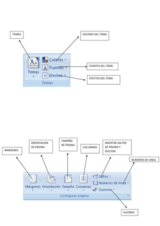TEMAS COLORES DEL TEMA
FUENTES DEL TEMA
EFECTOS DEL TEMA
MARGENES
ORIENTACION
DE PÁGINA
TAMAÑO
DE PÁGINA
COLUMNAS
INSERTAR SALTOS
DE PÁGINA Y
SECCION
NUMEROS DE LINEA
GUIONES
 