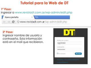 Tutorial para la Web de DT
1º Paso:
Ingresar a www.revistadt.com.ar/wp-admin/edit.php




 2º Paso:
 Ingresar nombre de usuario y
 contraseña. Esta información
 está en el mail que recibieron.
 
