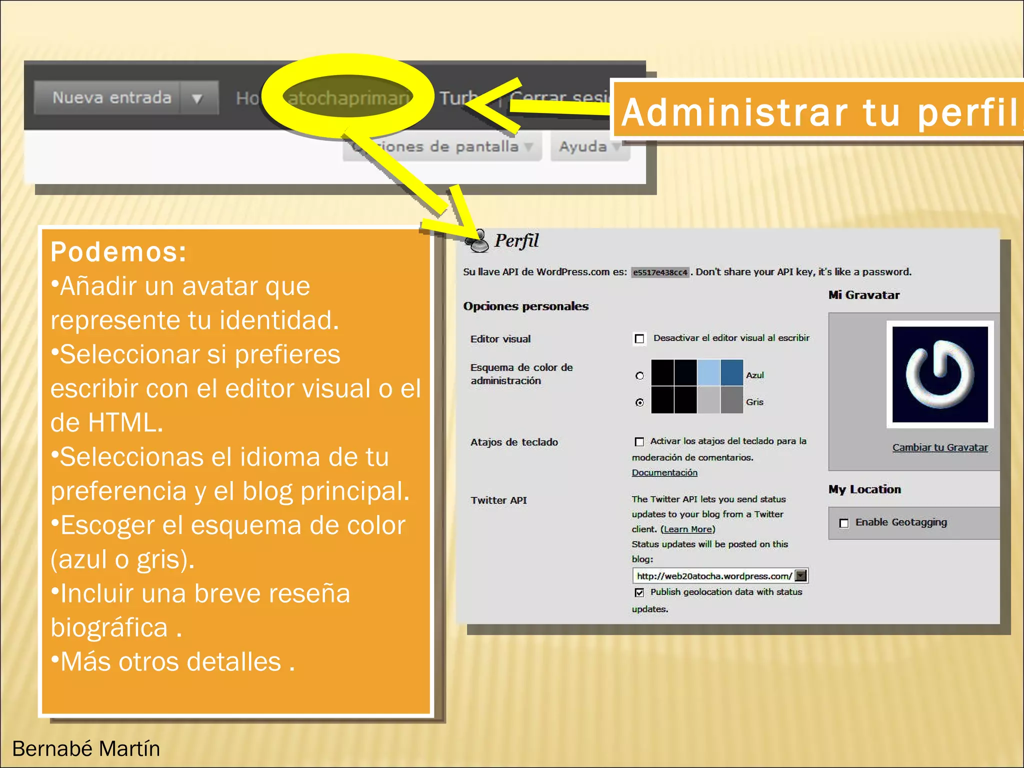Administrar tu perfil, Podemos: Añadir un avatar que represente tu identidad. Seleccionar si prefieres escribir con el editor visual o el de HTML. Seleccionas el idioma de tu preferencia y el blog principal. Escoger el esquema de color (azul o gris). Incluir una breve reseña biográfica . Más otros detalles . Bernabé Martín