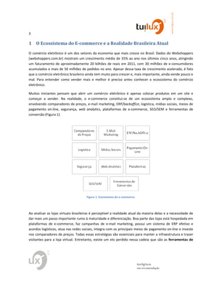 3
www.tuilux.com.br
inteligência
em recomendação
1 O Ecossistema do E-commerce e a Realidade Brasileira Atual
O comércio eletrônico é um dos setores da economia que mais cresce no Brasil. Dados do Webshoppers
(webshoppers.com.br) mostram um crescimento médio de 35% ao ano nos últimos cinco anos, atingindo
um faturamento de aproximadamente 20 bilhões de reais em 2011, com 30 milhões de e-consumidores
acumulados e mais de 50 milhões de pedidos no ano. Apesar dessa taxa de crescimento acelerado, é fato
que o comércio eletrônico brasileiro ainda tem muito para crescer e, mais importante, ainda vende pouco e
mal. Para entender como vender mais e melhor é preciso antes conhecer o ecossistema do comércio
eletrônico.
Muitos iniciantes pensam que abrir um comércio eletrônico é apenas colocar produtos em um site e
começar a vender. Na realidade, o e-commerce constitui-se de um ecossistema amplo e complexo,
envolvendo comparadores de preços, e-mail marketing, ERP/backoffice, logística, mídias sociais, meios de
pagamento on-line, segurança, web analytics, plataformas de e-commerce, SEO/SEM e ferramentas de
conversão (Figura 1).
Figura 1: Ecossistema do e-commerce.
Ao analisar as lojas virtuais brasileiras é perceptível a realidade atual da maioria delas e a necessidade de
dar mais um passo importante rumo à maturidade e diferenciação. Boa parte das lojas está hospedada em
plataformas de e-commerce, faz campanhas de e-mail marketing, possui um sistema de ERP efetivo e
acordos logísticos, atua nas redes sociais, integra com os principais meios de pagamento on-line e investe
nos comparadores de preços. Todas essas estratégias são essenciais para manter a infraestrutura e trazer
visitantes para a loja virtual. Entretanto, existe um elo perdido nessa cadeia que são as ferramentas de
 