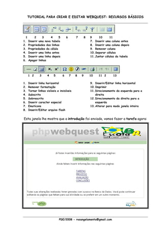 TUTORIAL PARA CRIAR E EDITAR WEBQUEST: RECURSOS BÁSICOS




  1       2     3      4     5       6       7       8   9     10      11
1.    Inserir uma nova tabela                            7. Inserir uma coluna antes
2.    Propriedades das linhas                            8. Inserir uma coluna depois
3.    Propriedades da célula                             9. Remover coluna
4.    Inserir uma linha antes                            10. Separar células
5.    Inserir uma linha depois                           11. Juntar células da tabela
6.    Apagar linhas




      1 2      3     4    5      6       7   8   9       10    11 2      13

1.    Inserir linha horizontal                           9. Inserir/Editar linha horizontal
2.    Remover formatação                                 10. Imprimir
3.    Tornar linhas visíveis e invisíveis                11. Direcionamento da esquerda para a
4.    Subscrito                                              direita
5.    Sobrescrito                                        12. Direcionamento da direita para a
6.    Inserir caracter especial                              esquerda
7.    Emoticons                                          13. Alterar para modo janela inteira
8.    Inserir/Editar arquivo flash


Esta janela lhe mostra que a introdução foi enviada, vamos fazer a tarefa agora:




                              PDE/2008 - rosangelamenta@gmail.com
 